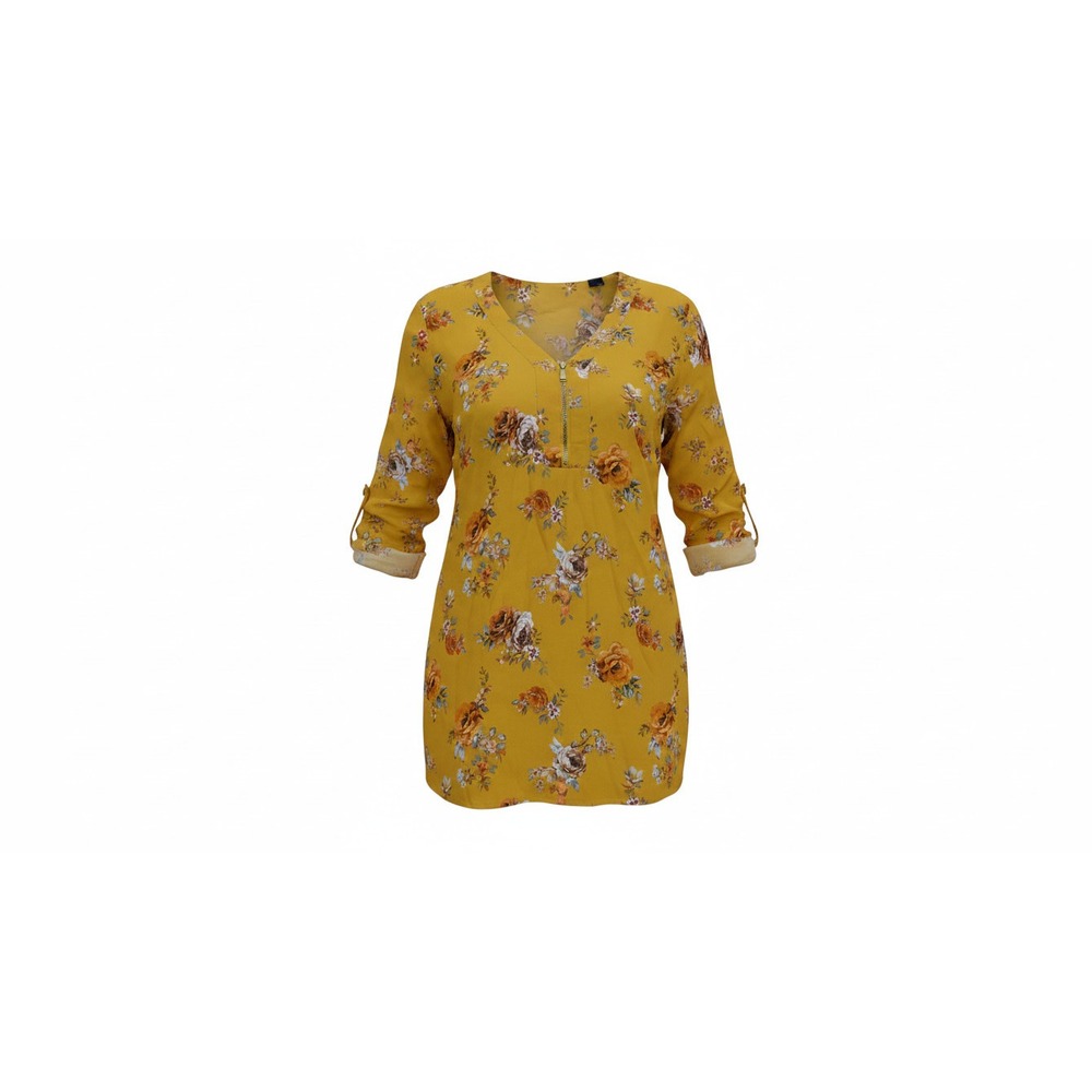 Rue21 Blouse Womens L Yellow Excellent Floral V-Neck Zip 3/4 Roll Tab Sleeve